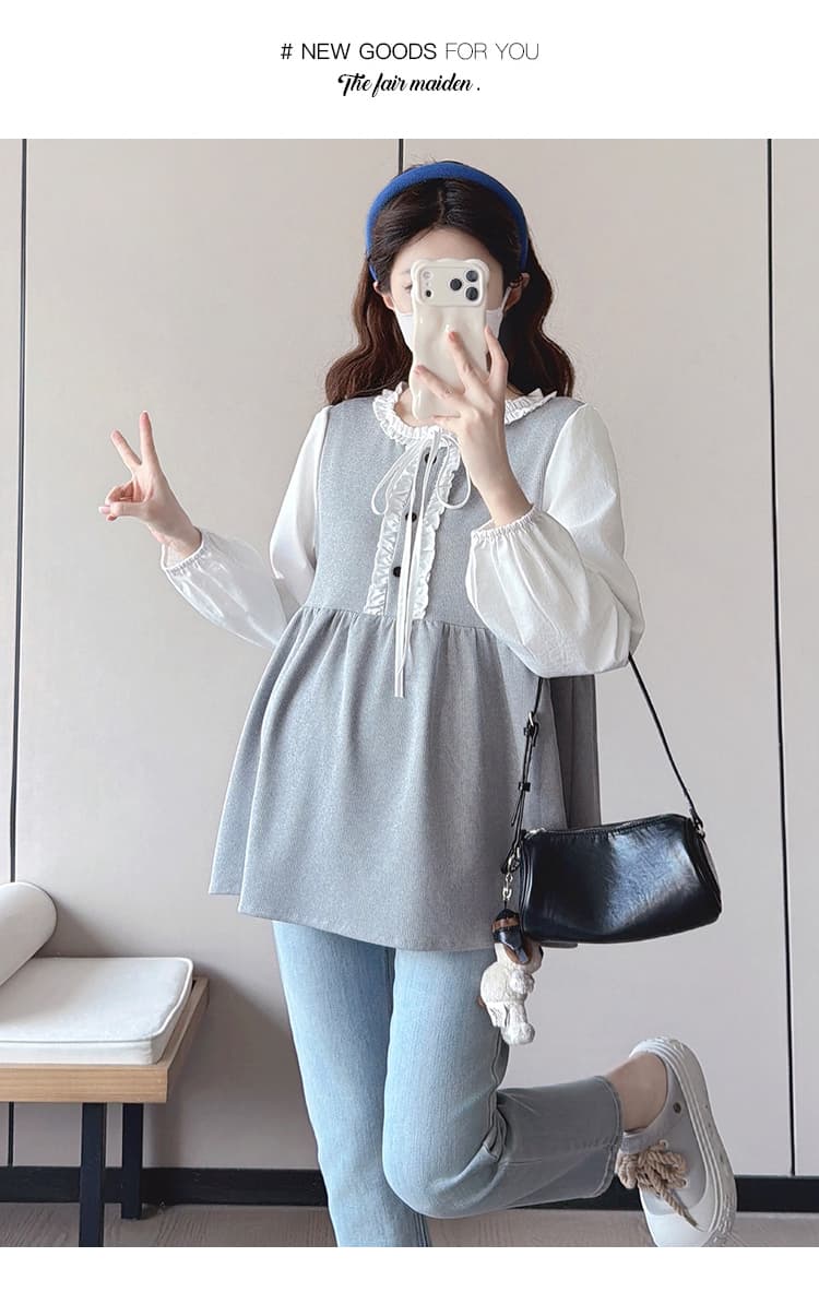 실사 봄 가을 새로운 한국 스타일 프릴 레이스업 페이크 레이어드 패치워크 긴팔 루즈핏 표지 배 다용도 인형 셔츠 상세 이미지 10