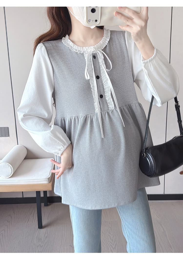 실사 봄 가을 새로운 한국 스타일 프릴 레이스업 페이크 레이어드 패치워크 긴팔 루즈핏 표지 배 다용도 인형 셔츠 상세 이미지 11
