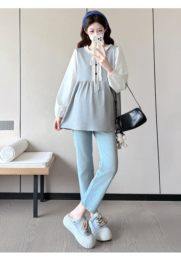 실사 봄 가을 새로운 한국 스타일 프릴 레이스업 페이크 레이어드 패치워크 긴팔 루즈핏 표지 배 다용도 인형 셔츠 상세 이미지 13