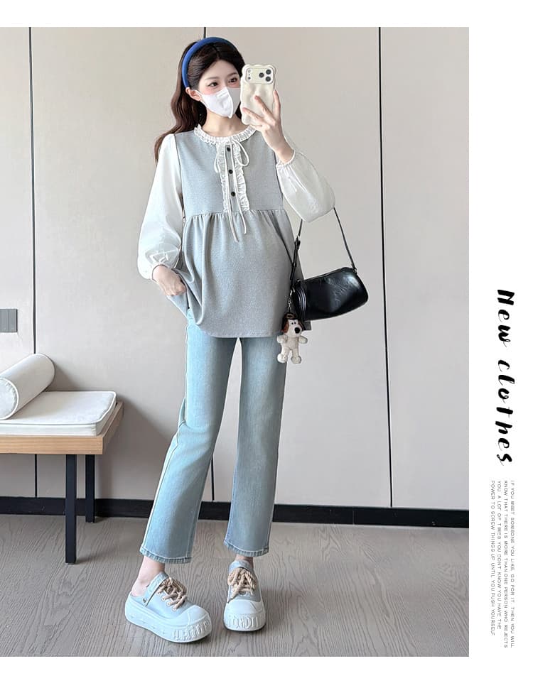 실사 봄 가을 새로운 한국 스타일 프릴 레이스업 페이크 레이어드 패치워크 긴팔 루즈핏 표지 배 다용도 인형 셔츠 상세 이미지 15