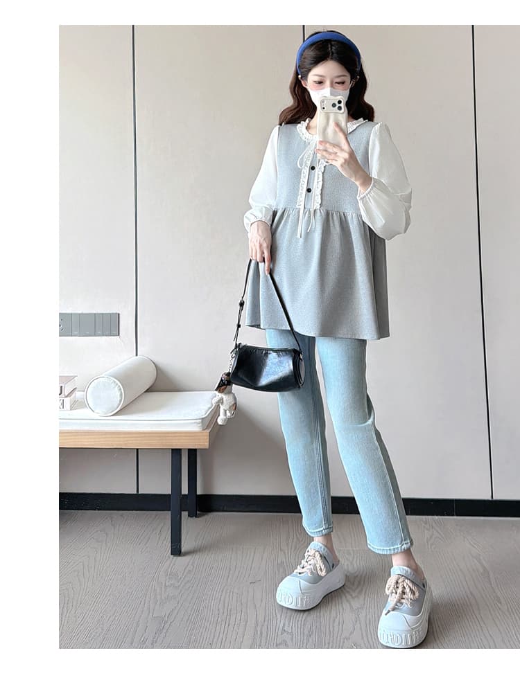 실사 봄 가을 새로운 한국 스타일 프릴 레이스업 페이크 레이어드 패치워크 긴팔 루즈핏 표지 배 다용도 인형 셔츠 상세 이미지 16