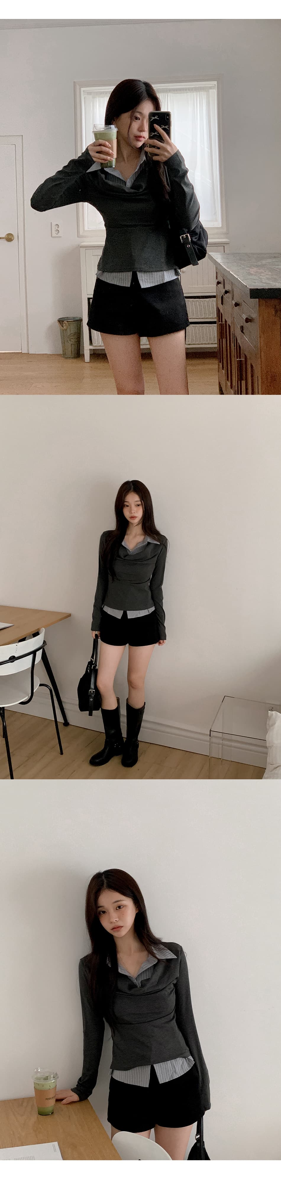긴팔 페이크 레이어드 흔들다 칼라 맨위 몸매 가꾸기 패치워크 스트라이프 셔츠 상세 이미지 15