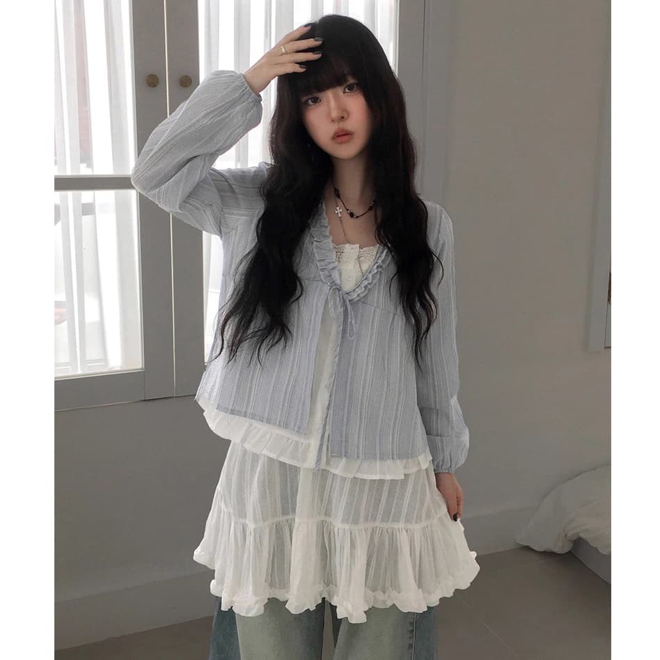 한 부서 달콤함 연령 감소 프릴 거품 소매 페이크 레이어드 스트라이프 루즈핏 긴팔 셔츠 맨위
