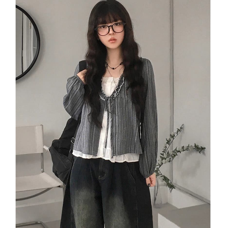 한 부서 달콤함 연령 감소 프릴 거품 소매 페이크 레이어드 스트라이프 루즈핏 긴팔 셔츠 맨위 이미지 3