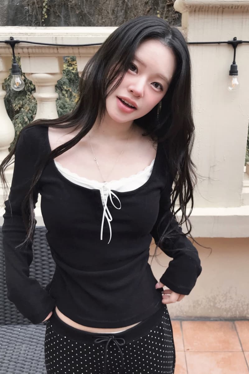재고 있음 발레 바람 순수한 욕망 부드러운 찹쌀 나비 매듭 긴팔 기본 셔츠 페이크 레이어드 이미지 2