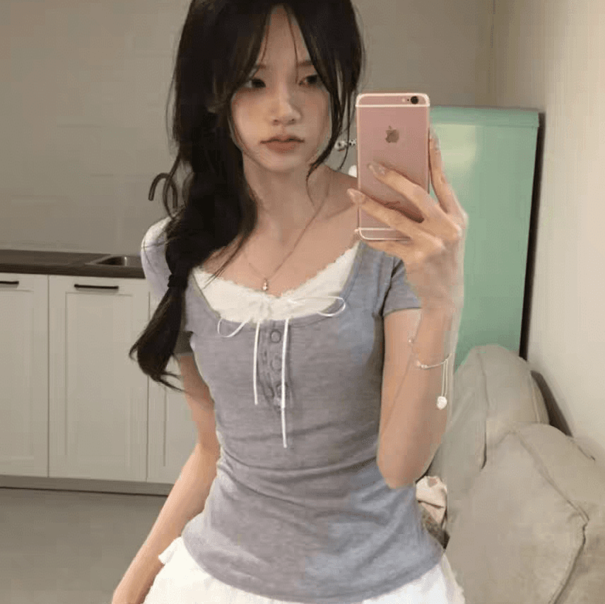 페이크 레이어드 레이스 조각 긍정적 인 어깨 반팔 티셔츠 여성 여름 디자인 센스 나비 매듭 몸매 가꾸기 짧은 맨위 이미지 2