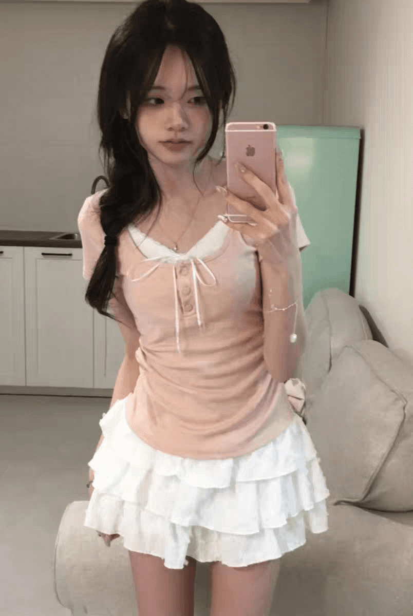 페이크 레이어드 레이스 조각 긍정적 인 어깨 반팔 티셔츠 여성 여름 디자인 센스 나비 매듭 몸매 가꾸기 짧은 맨위 상세 이미지 6