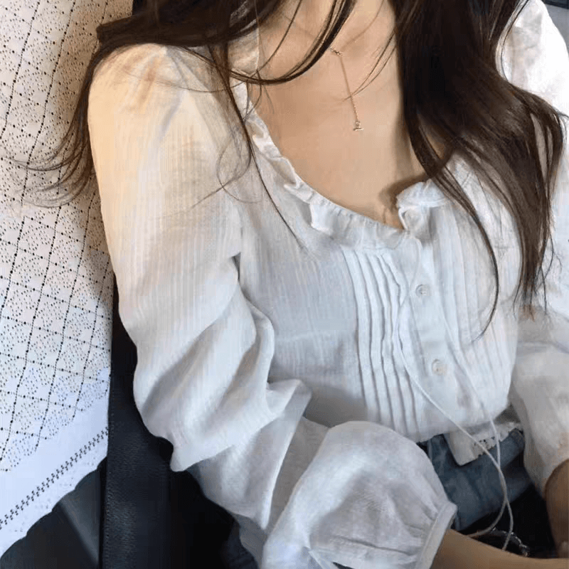 2026 새로운 품격 부드러운 V넥 프릴 허리 수축 캐주얼 맨위 여성 이미지 4