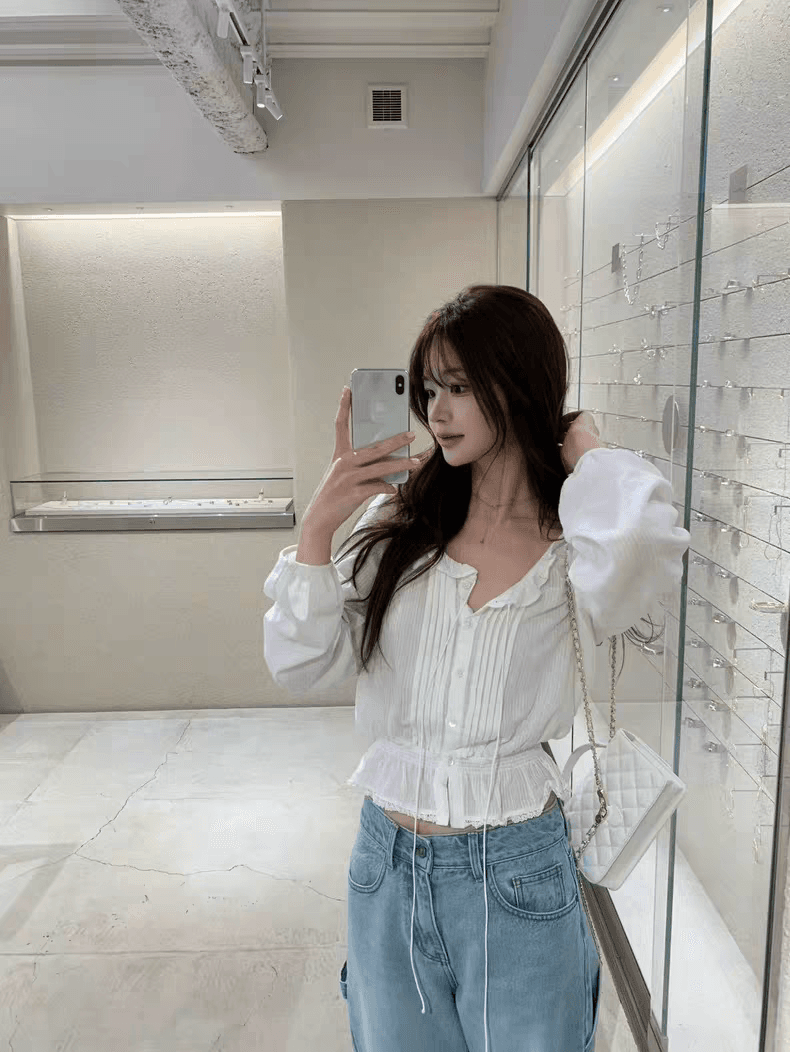 2026 새로운 품격 부드러운 V넥 프릴 허리 수축 캐주얼 맨위 여성 상세 이미지 8