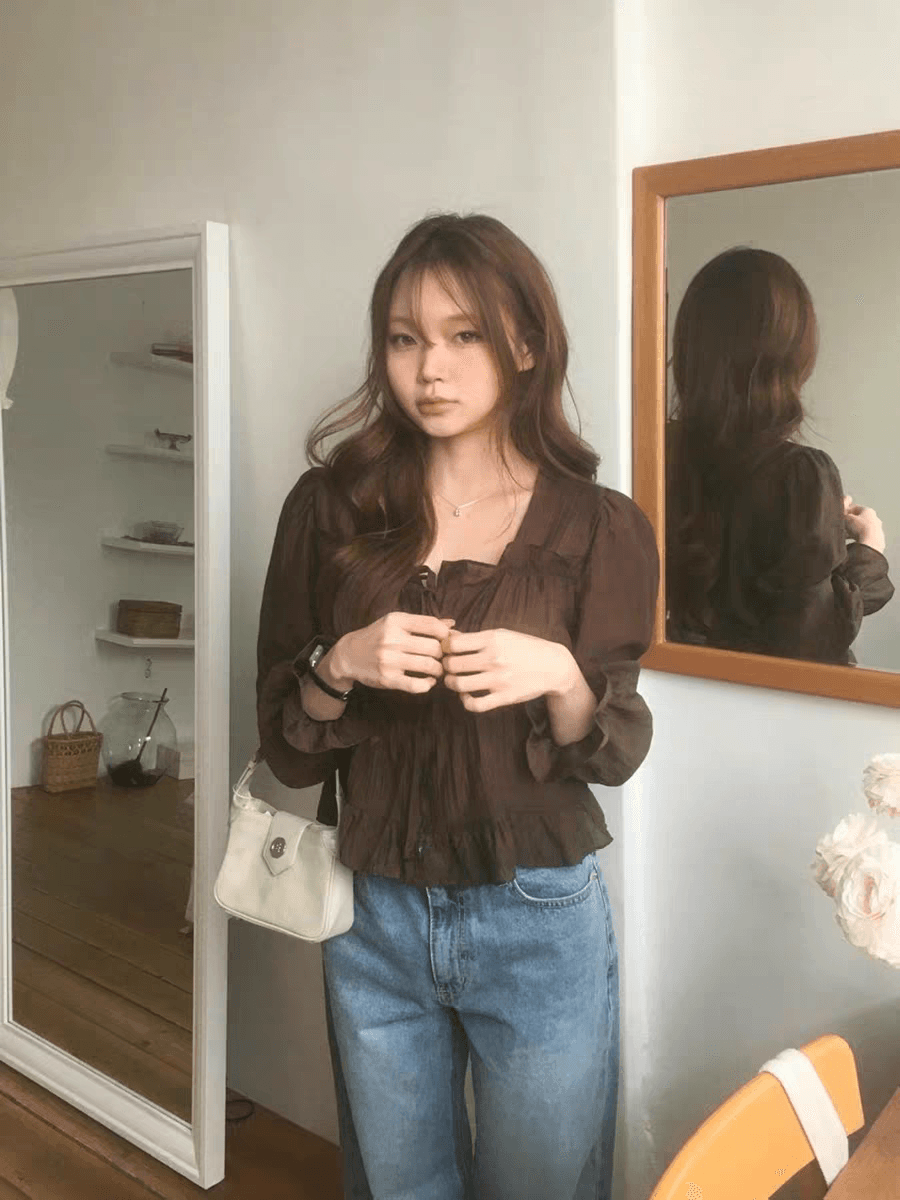 부드러운 산소 센스 달콤함 레트로 신선함 한 부서 분위기 셔츠 맨위 상세 이미지 7