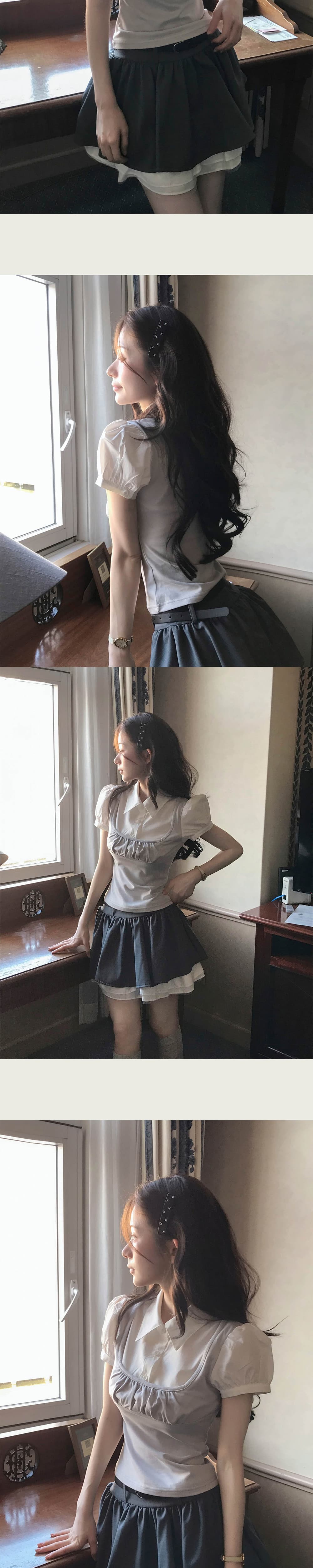 거품 소매 패치워크 페이크 레이어드 달콤한 자매 착용 가져 가라. 기타 소녀 센스 화이트 반팔 셔츠 상세 이미지 5