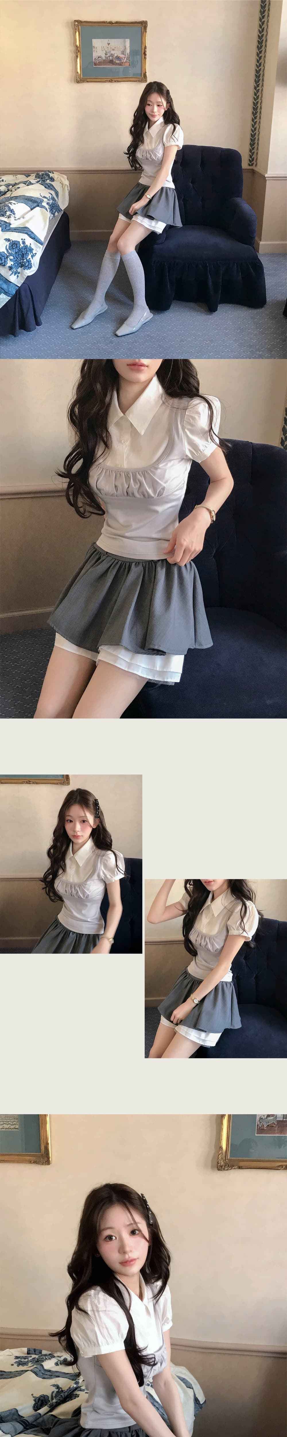 거품 소매 패치워크 페이크 레이어드 달콤한 자매 착용 가져 가라. 기타 소녀 센스 화이트 반팔 셔츠 상세 이미지 6