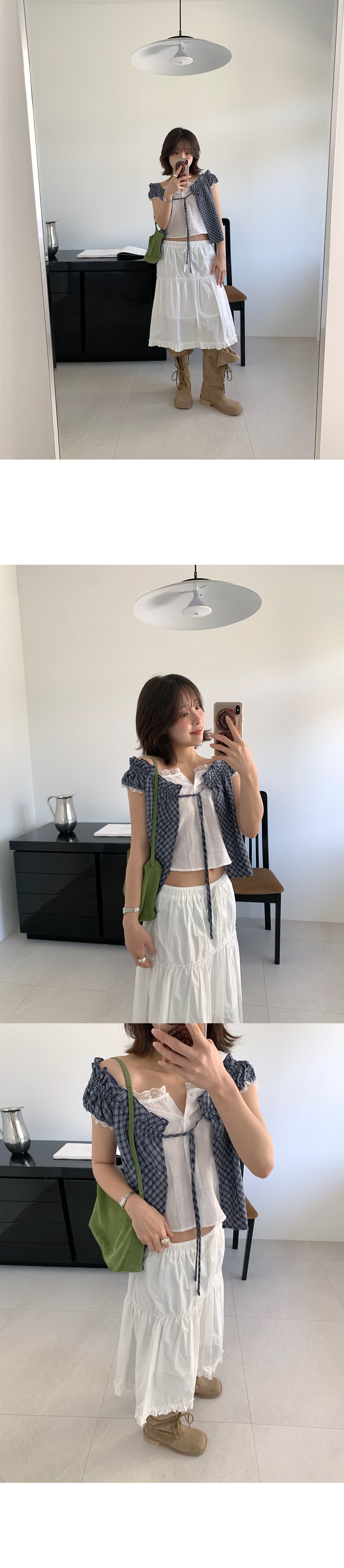 레트로 스타일 페이크 레이어드 체크무늬 레이스 레이스 스트랩 쇼트 스타일 몸매 가꾸기 반팔 티셔츠 여성 상세 이미지 21