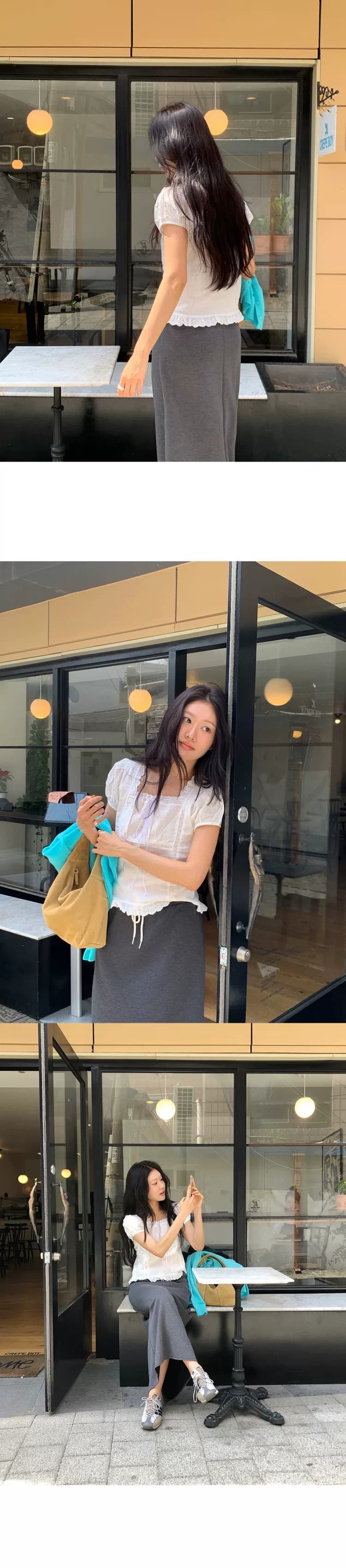 낭만주의 레이스 측면 레이스업 나비 매듭 광장 칼라 화이트 쇼트 스타일 셔츠 상세 이미지 5