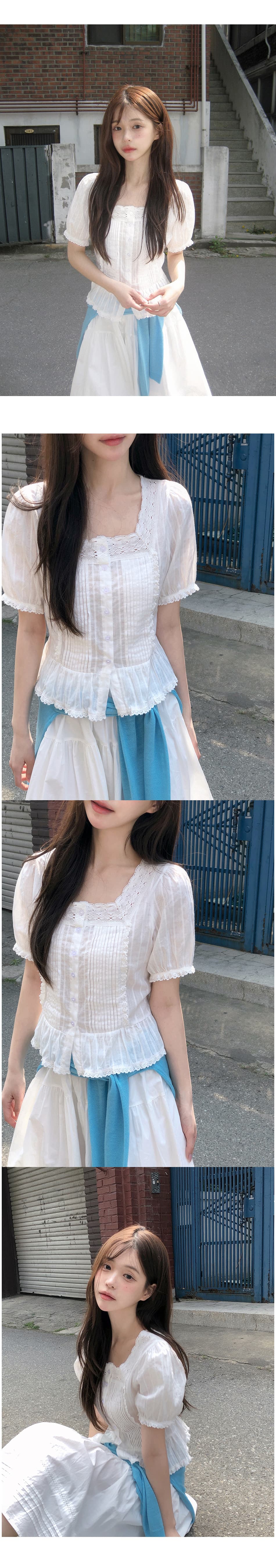 한 부서 화이트 복숭아 맛 덜 여자 칼라 레이스 장기 Pleat 셔츠 상세 이미지 17