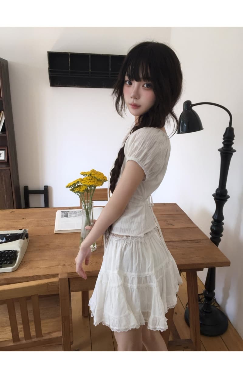 레이스 레이스 스트랩 반팔 셔츠 이미지 4