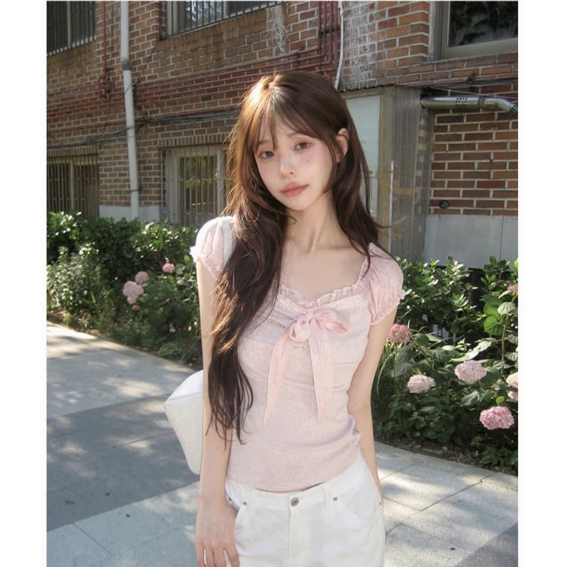소녀 센스 레이스 나비 매듭 쇼트 스타일 반팔 티셔츠