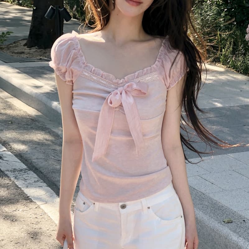 소녀 센스 레이스 나비 매듭 쇼트 스타일 반팔 티셔츠 이미지 3