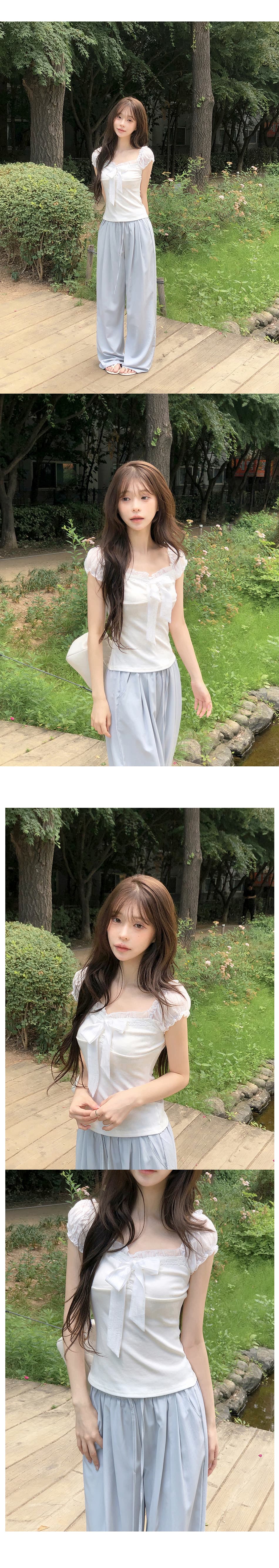 소녀 센스 레이스 나비 매듭 쇼트 스타일 반팔 티셔츠 상세 이미지 5