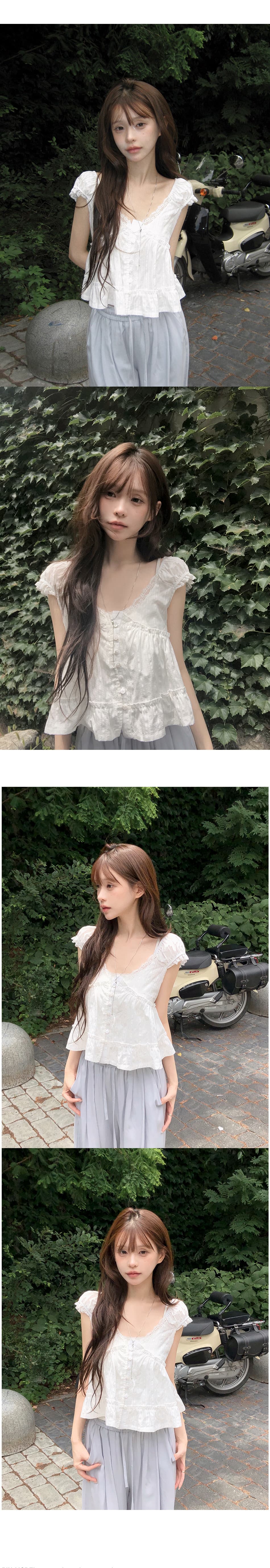 한 부서 달콤함 연령 감소 순수한 욕망 레이스 V넥 목이버섯 프릴 밑단 셔츠 상세 이미지 3