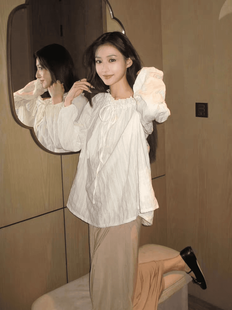 루즈핏 한 단어 비스듬한 칼라 오프숄더 프릴 블라우스 셔츠 맨위 이미지 3
