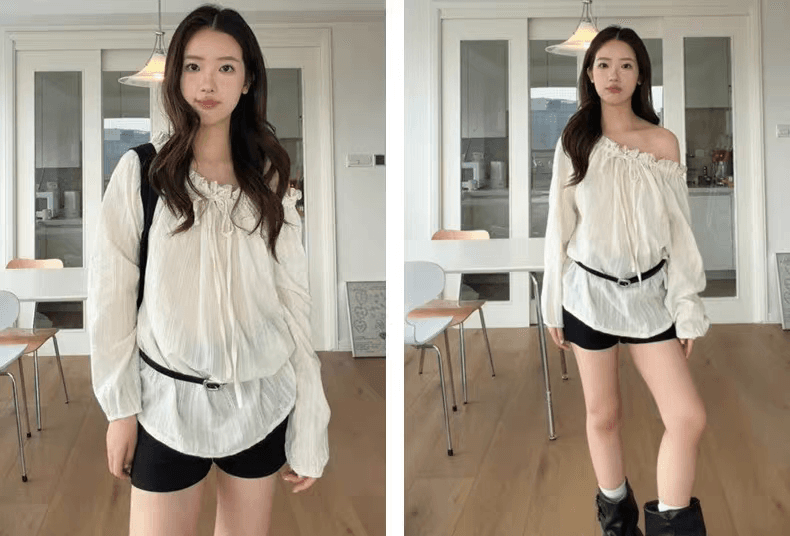 루즈핏 한 단어 비스듬한 칼라 오프숄더 프릴 블라우스 셔츠 맨위 상세 이미지 8