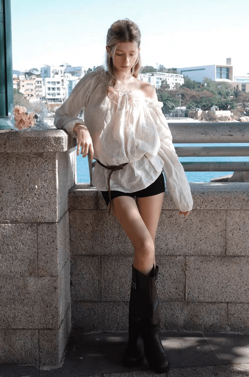 루즈핏 한 단어 비스듬한 칼라 오프숄더 프릴 블라우스 셔츠 맨위 상세 이미지 23