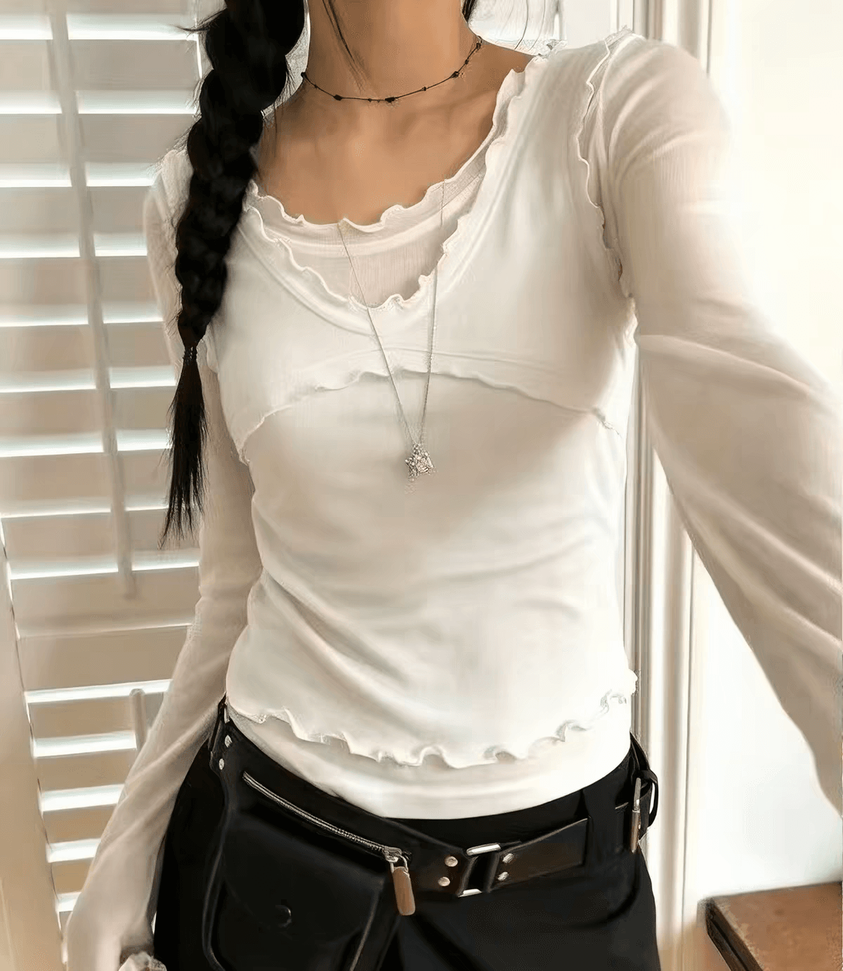이른 가을 부드럽다 스택 착용 목이버섯 레이스 긴팔 만나는 티셔츠 맨위 투피스 조끼