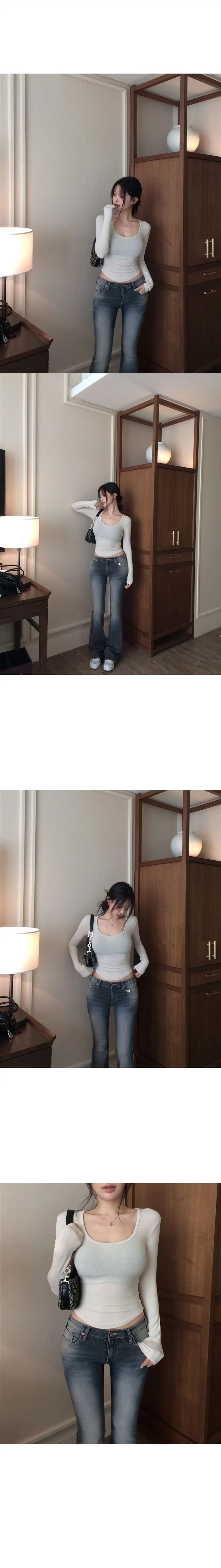 뜨거운 로우 웨이스트 연삭 화이트 펭 넓적 다리 패드 타이트 데님 부츠컷 바지 상세 이미지 2