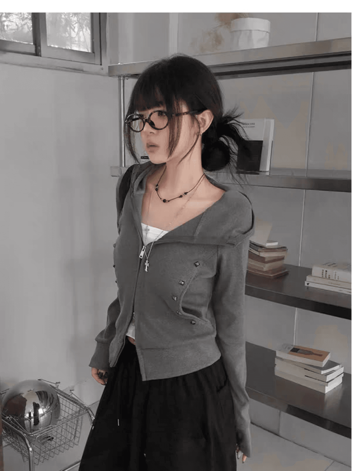 한 부서 달콤한 차가운 핫걸 디자인 센스 양방향 지퍼 캐주얼 몸매 가꾸기 다용도 후드 티 스웨터 재킷