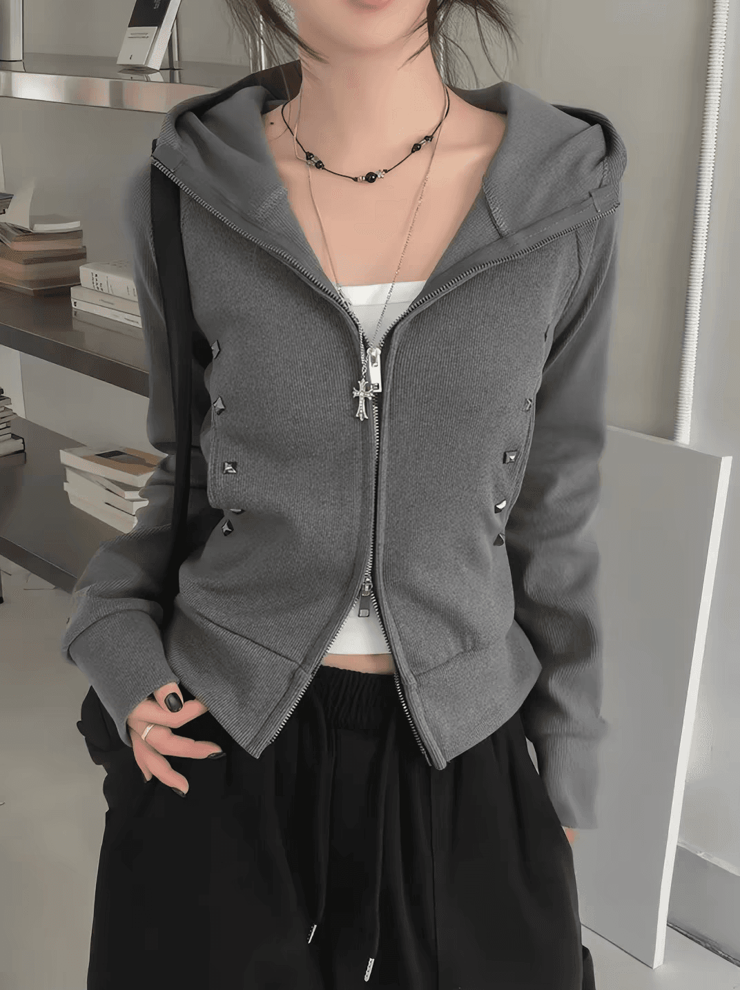 한 부서 달콤한 차가운 핫걸 디자인 센스 양방향 지퍼 캐주얼 몸매 가꾸기 다용도 후드 티 스웨터 재킷 상세 이미지 1