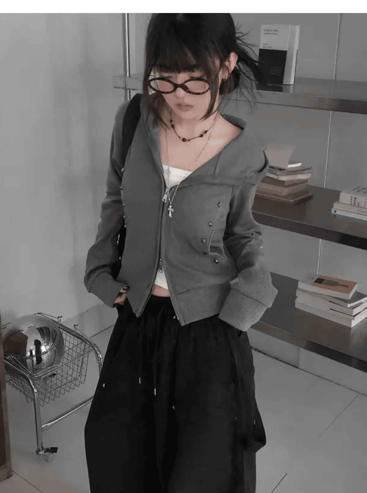 한 부서 달콤한 차가운 핫걸 디자인 센스 양방향 지퍼 캐주얼 몸매 가꾸기 다용도 후드 티 스웨터 재킷 상세 이미지 4