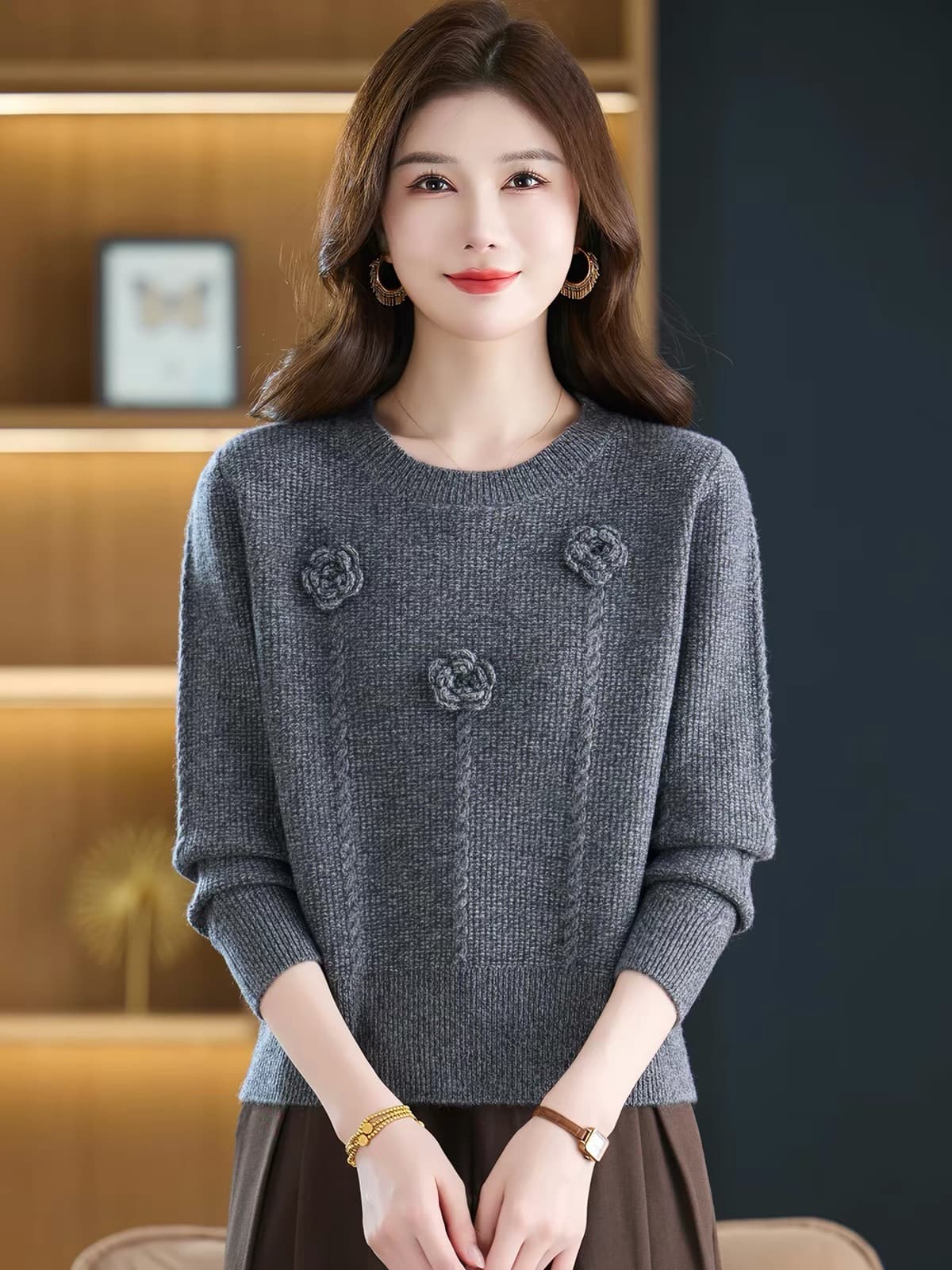 작은 섹션 라운드 넥 스웨터 여자 가을 겨울 다용도 맨위 2026 새로운 봄 가을 루즈핏 쇼트 스타일 외국 가스 니트 기본 셔츠 이미지 3