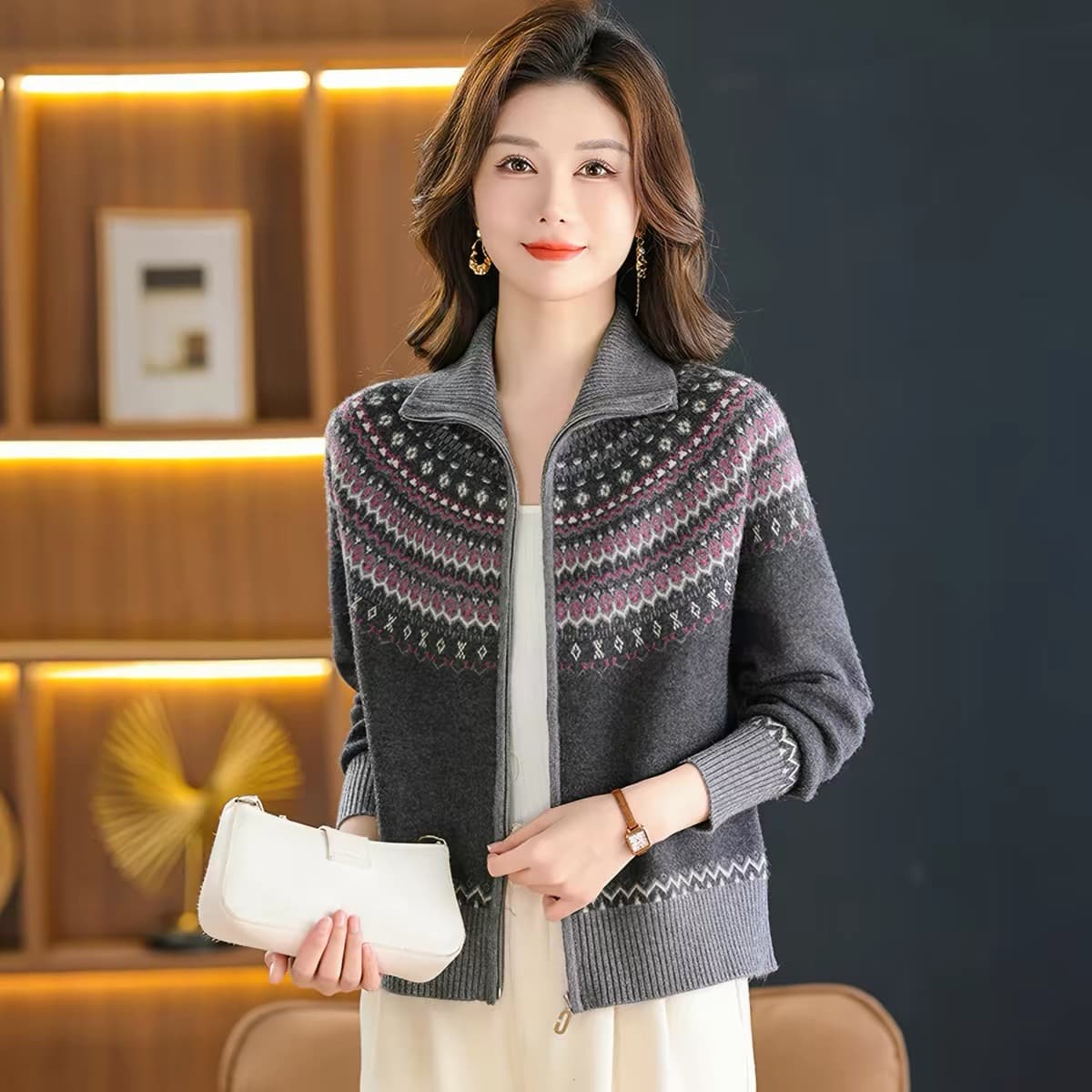 중년 엄마 봄 가을 외국 가스 자카드 니트 오픈 가디건 여성 지퍼 40 세 폴로 칼라 스웨터 코트 위엄있는 대기 상세 이미지 8