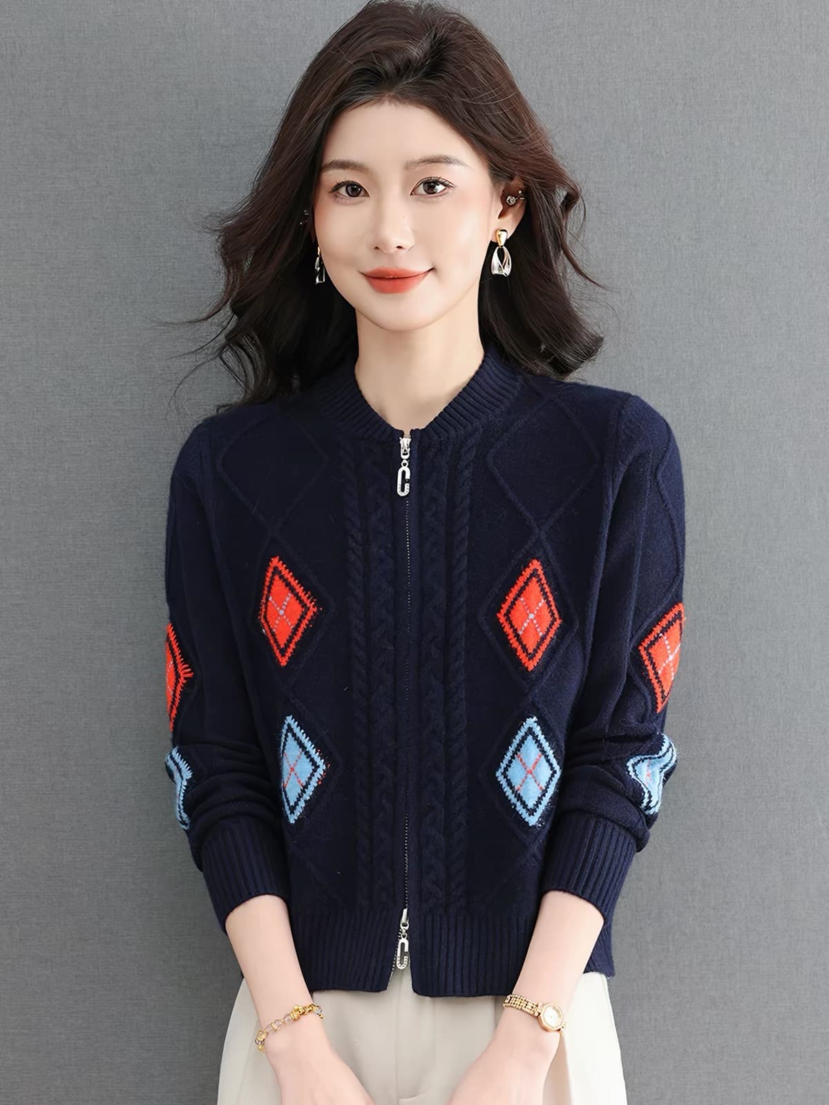 2026 봄 가을 새로운 다이아몬드 모양 자카드 지퍼 니트 스웨터 오픈 가디건 여성 패션 캐주얼 다용도 쇼트 스타일 재킷 이미지 2