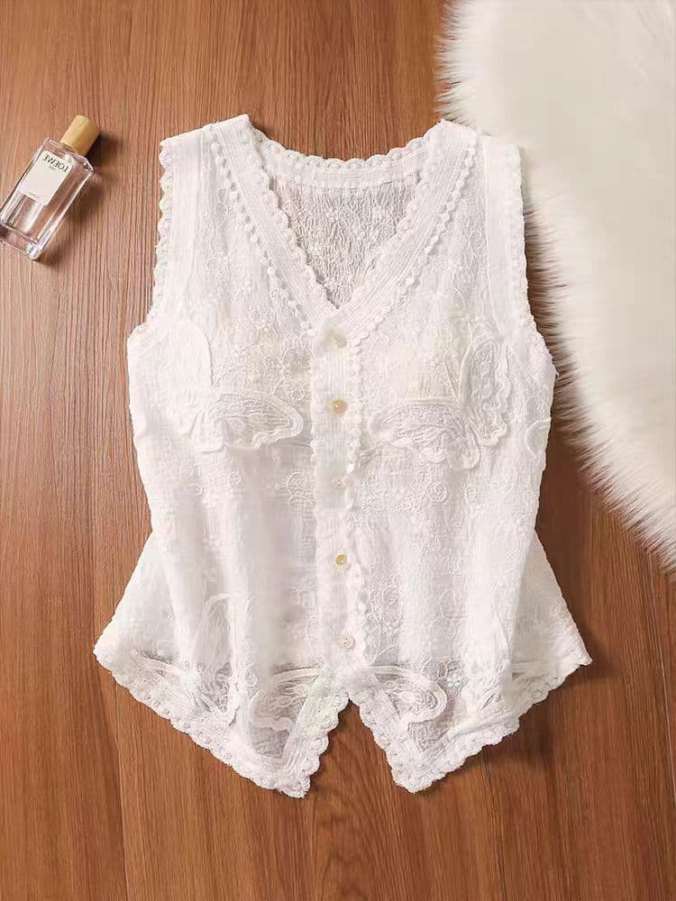 나비 패턴 프랑스식 레이스 레이스 V넥 오픈 가디건 뒤로 심장 안에 가져 가라. 정면 단추 디자인 스택 착용 맨위 상세 이미지 2