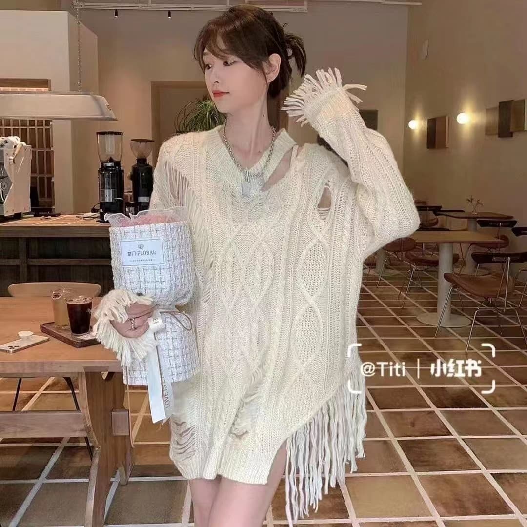 반란 소녀 찢어진 부분 얇은 스타일 디자인 센스 홀로우 아웃 니트 스웨터 여름 블라우스 여성 루즈핏 맨위