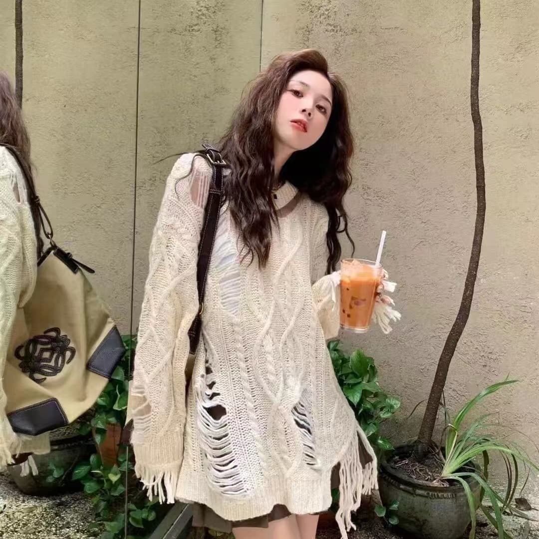 반란 소녀 찢어진 부분 얇은 스타일 디자인 센스 홀로우 아웃 니트 스웨터 여름 블라우스 여성 루즈핏 맨위 상세 이미지 3