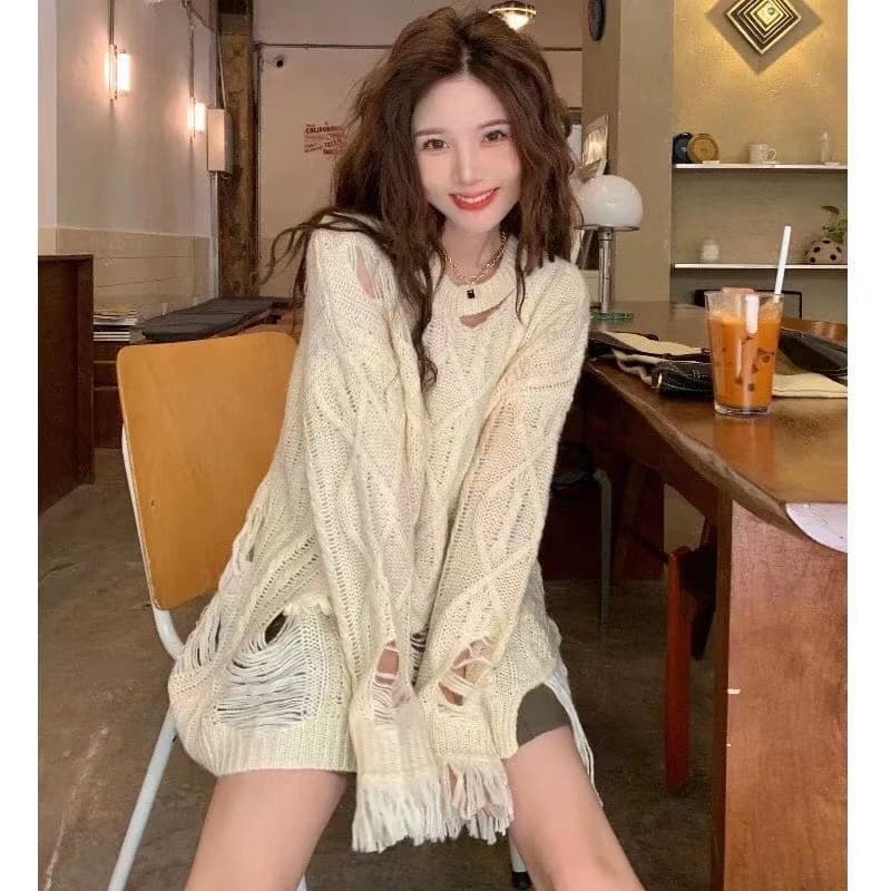 반란 소녀 찢어진 부분 얇은 스타일 디자인 센스 홀로우 아웃 니트 스웨터 여름 블라우스 여성 루즈핏 맨위 상세 이미지 4