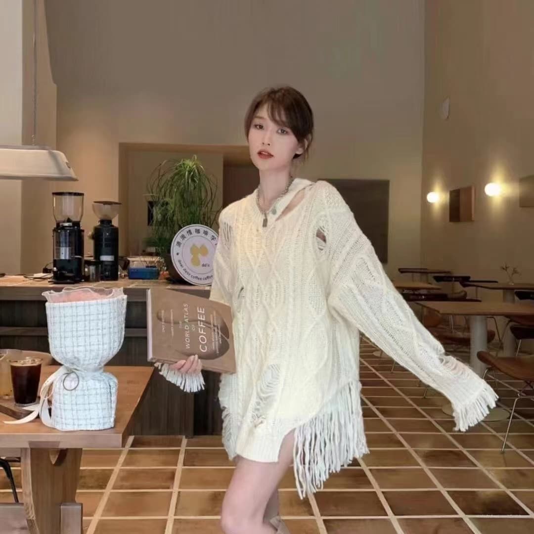 반란 소녀 찢어진 부분 얇은 스타일 디자인 센스 홀로우 아웃 니트 스웨터 여름 블라우스 여성 루즈핏 맨위 상세 이미지 7