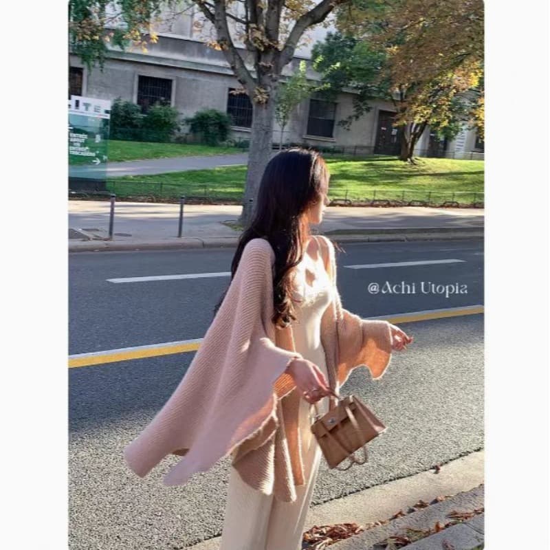 양모 핑크색 니트 카디건 코트 느긋한 루즈핏 불규칙 망토 숄 외부 잡아라. 의류