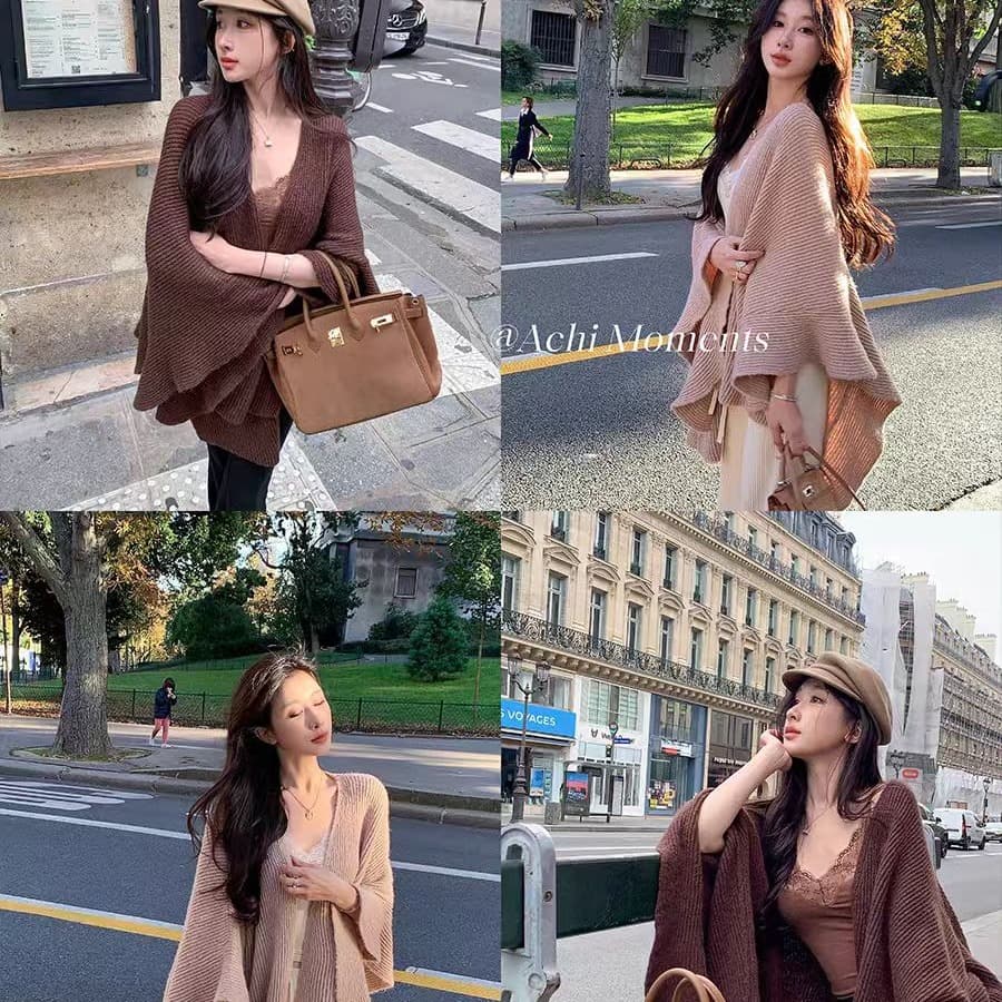 양모 핑크색 니트 카디건 코트 느긋한 루즈핏 불규칙 망토 숄 외부 잡아라. 의류 이미지 3