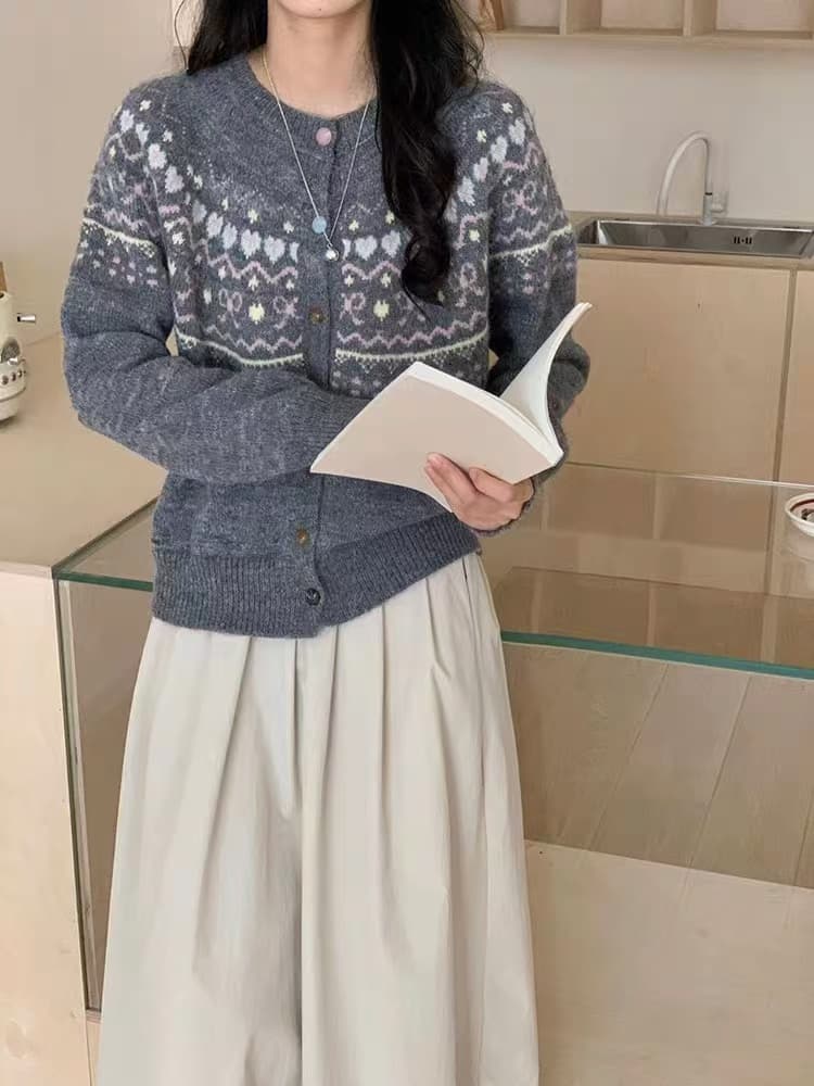 한국 스타일 배색 자카드 니트 오픈 가디건 여성 루즈핏 쇼트 스타일 느긋한 바람 외부 잡아라. 의류 가을 겨울 새로운 스웨터 코트 이미지 4