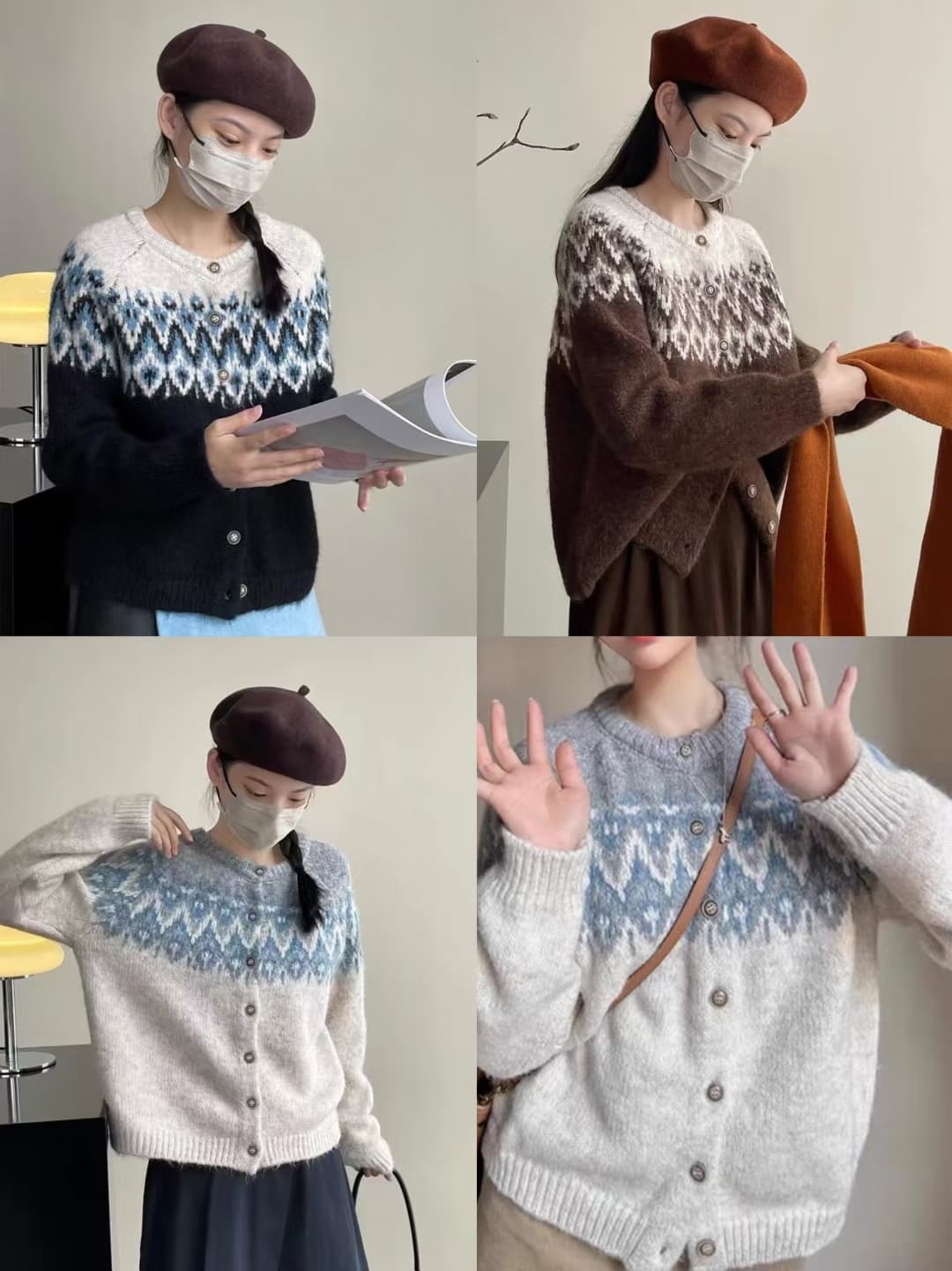 린 느낌 가을 겨울 새로운 양모 출퇴근 캐주얼 다용도 라운드 넥 자카드 니트 오픈 가디건 스웨터 여성 코트 상세 이미지 1