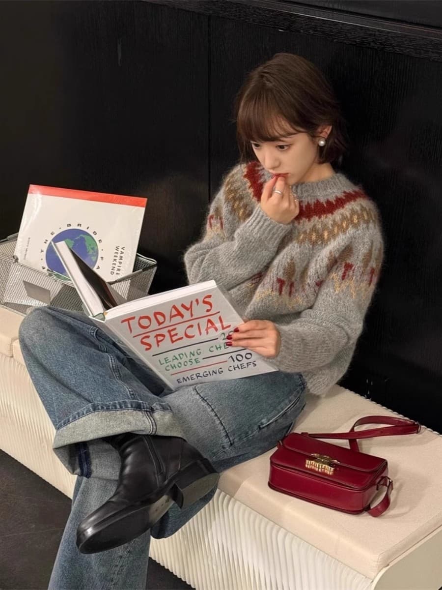 회색 공정한 섬 니트 모헤어 자카드 스웨터 여자 가을 겨울철 크리스마스 한 부서 착용 가져 가라. 루즈핏 느긋한 맨위