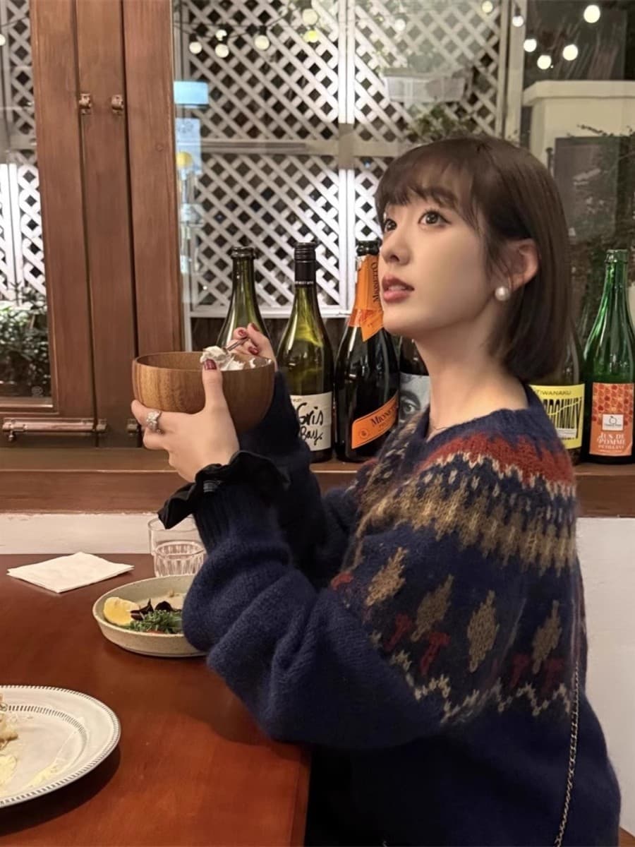 회색 공정한 섬 니트 모헤어 자카드 스웨터 여자 가을 겨울철 크리스마스 한 부서 착용 가져 가라. 루즈핏 느긋한 맨위 상세 이미지 4