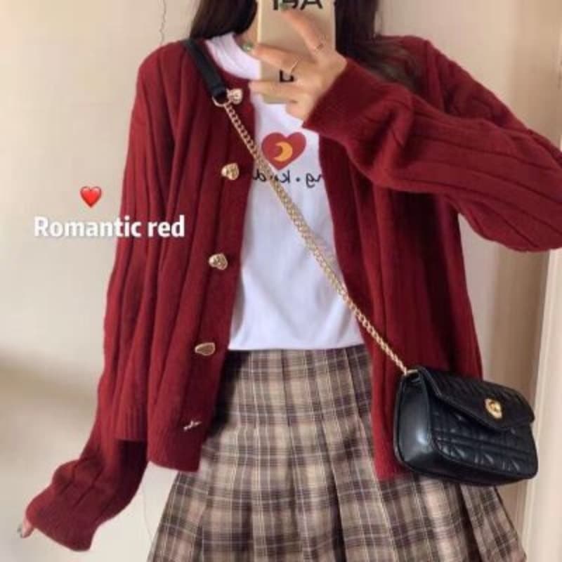 우 77 달콤함 하트 단추 디스플레이 화이트 빨간색 쇼트 스타일 스웨터 오픈 가디건 한국 스타일 루즈핏 슬림해 보이는 구덩이 스트라이프 니트 스웨터 이미지 5