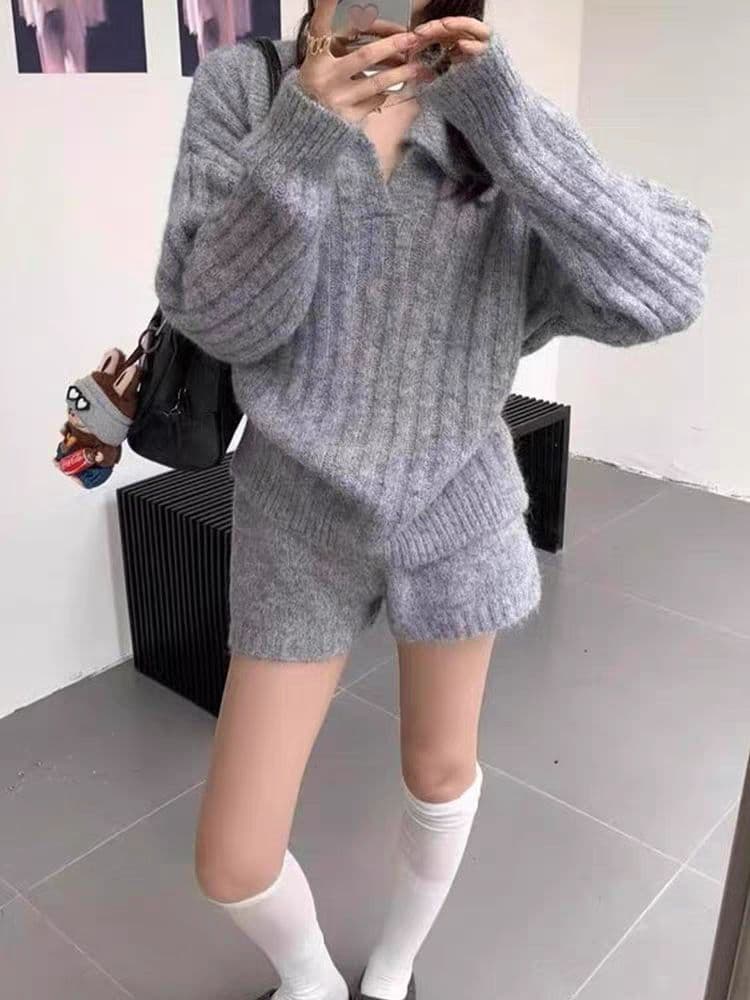 가을 겨울 새로운 한국 스타일 레트로 미니멀리즘 바람 폴로 칼라 니트 스웨터 반바지 투피스 세트 루즈핏 느긋한 바람 캐주얼 세트 상세 이미지 7