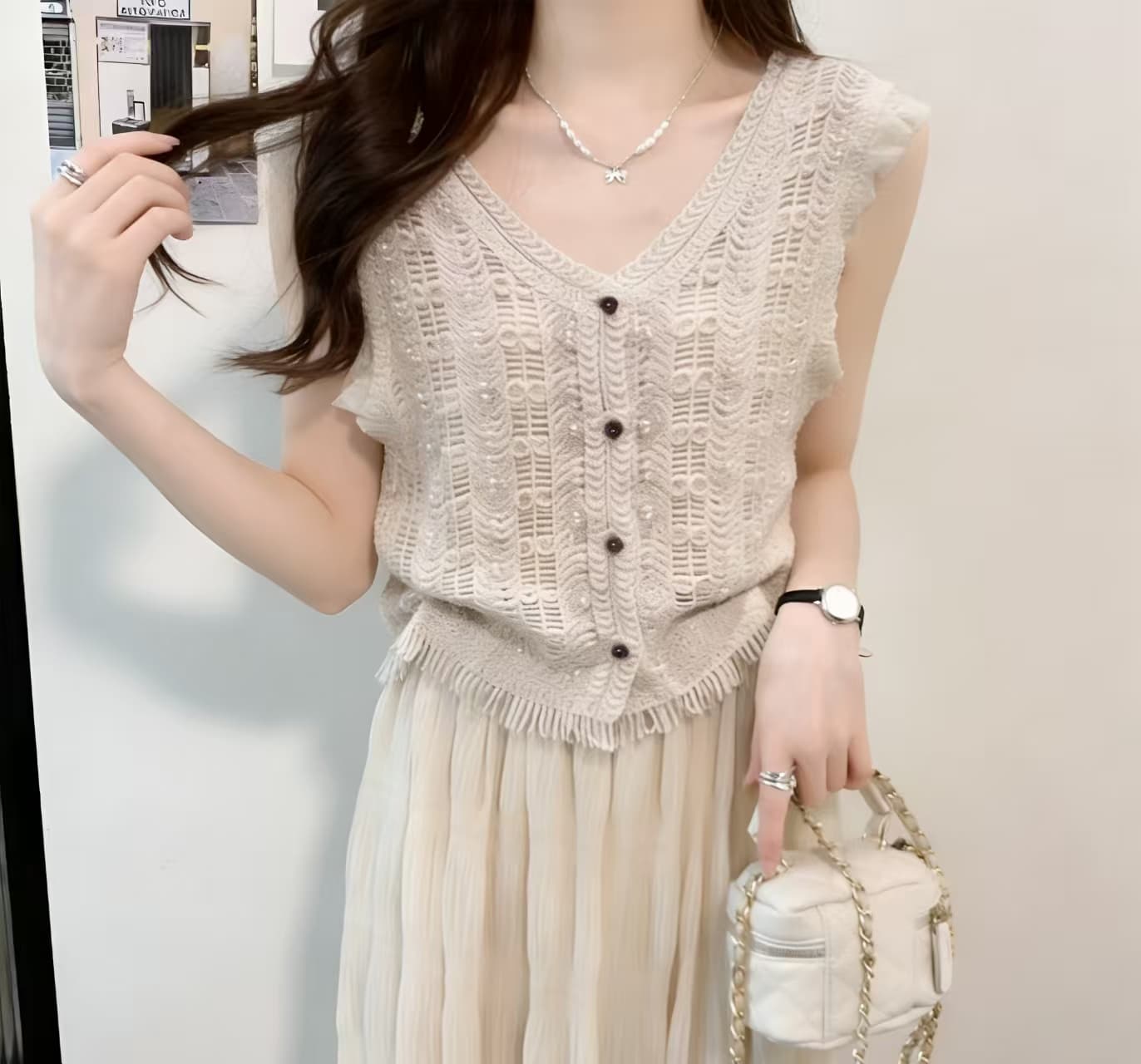 여름 새로운 자수 홀로우 아웃 무거운 작업 구슬 조각 자수 레이스 베스트 다용도 이미지 2