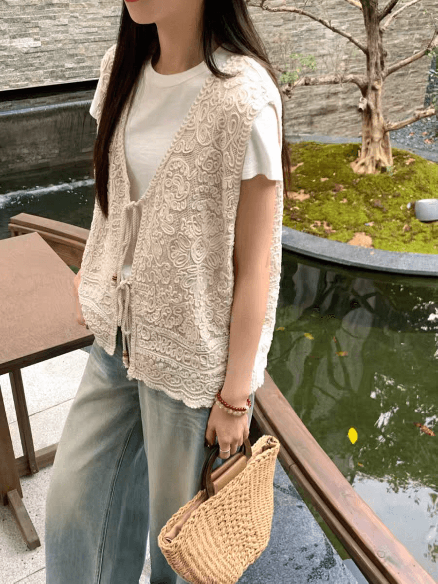 보헤미안 휴가 바람 V넥 베스트 여성 코트 2026 이른 봄 새로운 빅 사이즈 지방 mm 스택 착용 조끼 맨위 상세 이미지 3